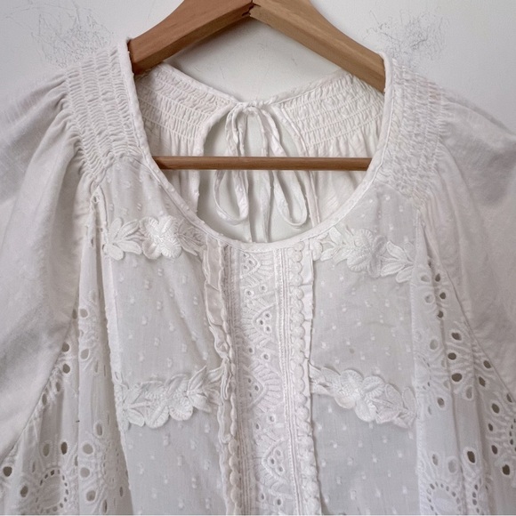 Porridge White Eyelet Embroidery Anglaise Smocked Boho Coastal Back-Tie Top M - Picture 5 of 16
